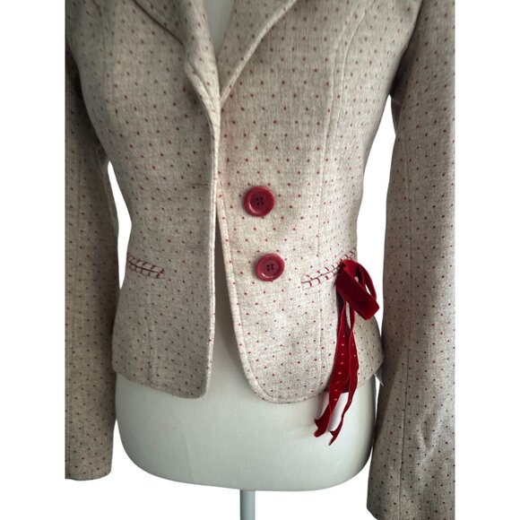 EMANUEL UNGARO Ungaro Fever Red Beige Polka Dot Bow Blazer Size 2 - Picture 2 of 13